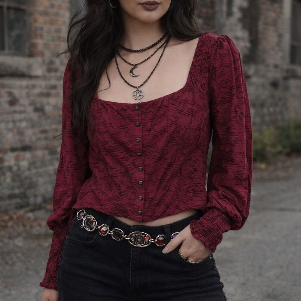 Anthropologie Womens Puff Sleeve Blouse Top L Burgundy Red Romantic Goth Vamp